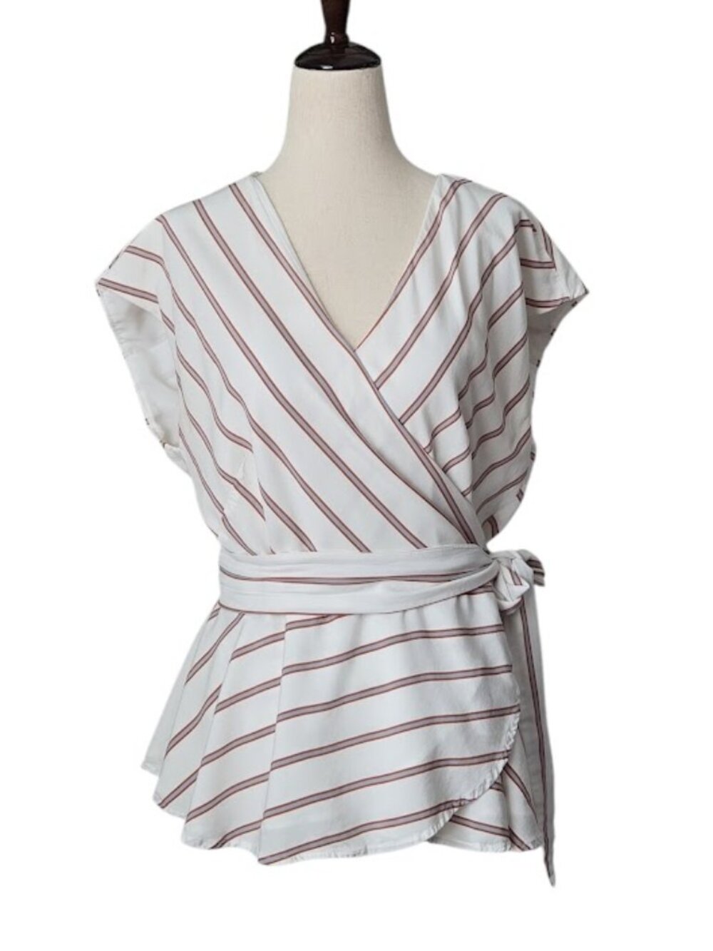 LOFT Striped Wrap Blouse Tie Waist Peplum Top White Size M EUC
